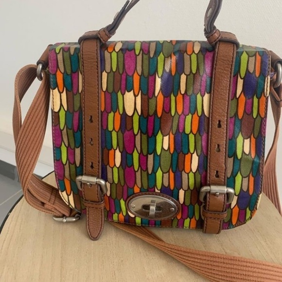 FOSSIL Flap Satchel Messenger Canvas Crossbody Purse‎ Bag colorful leather - Picture 3 of 15
